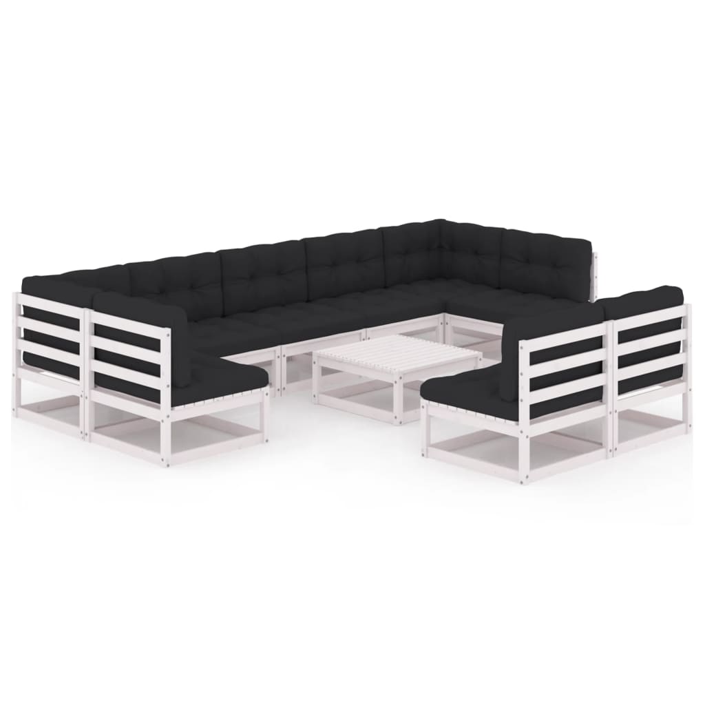 10-tlg. Garten-Lounge-Set mit Kissen Weiss Kiefer Massivholz